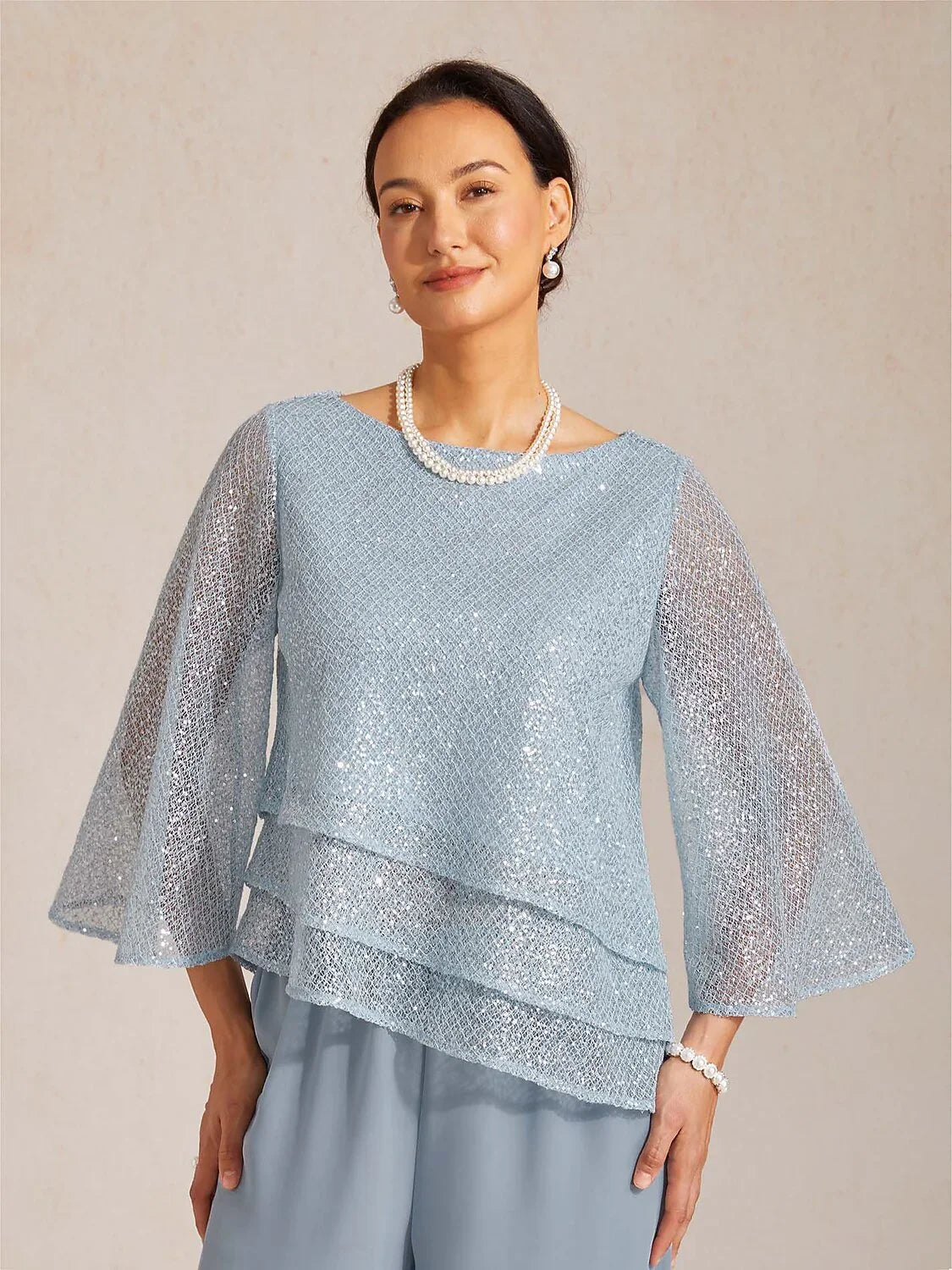 Top en tulle à plusieurs couches avec paillettes et manches en forme de cloche