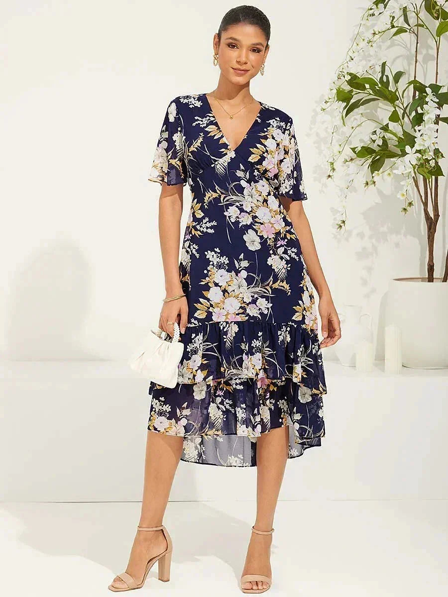 Robe midi en chiffon à fleurs avec décolleté en V et zips