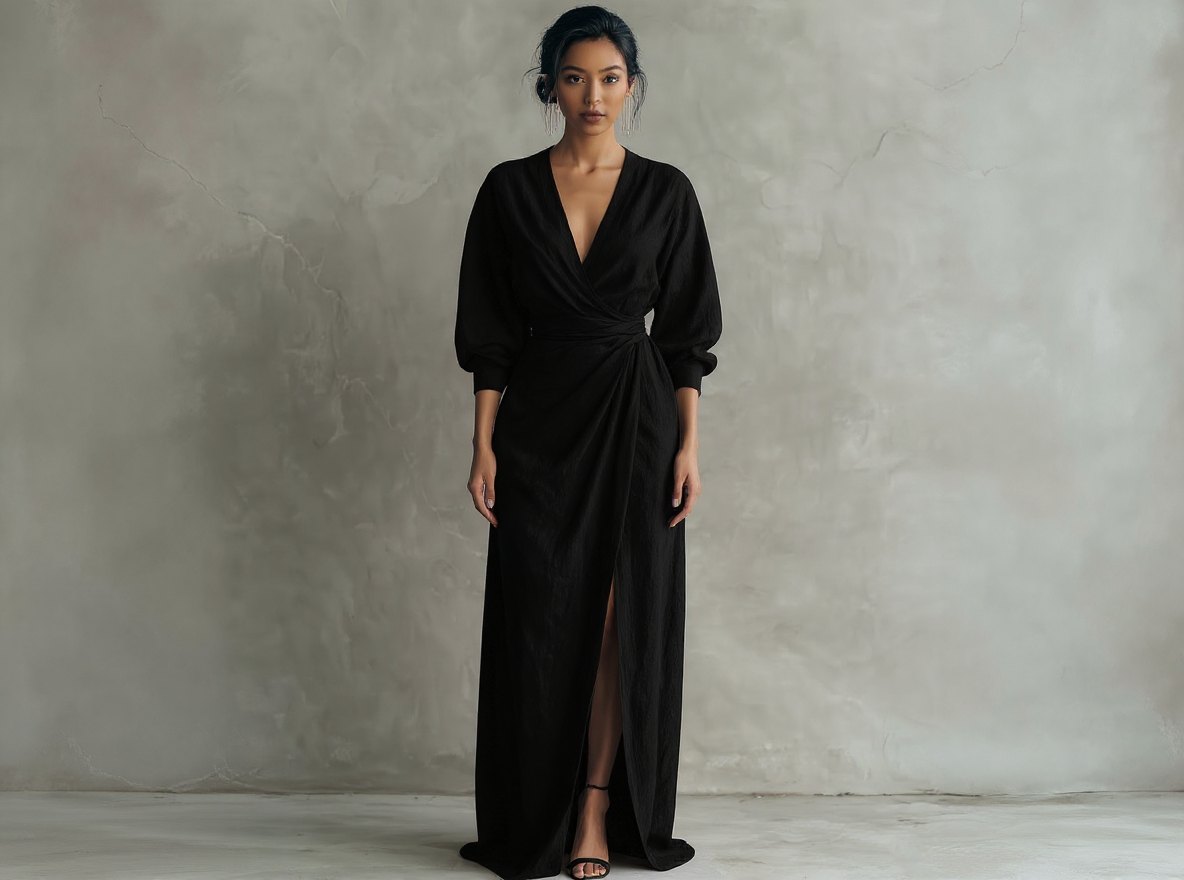 Robe longue minimaliste rose avec col en V en lin pour femmes
