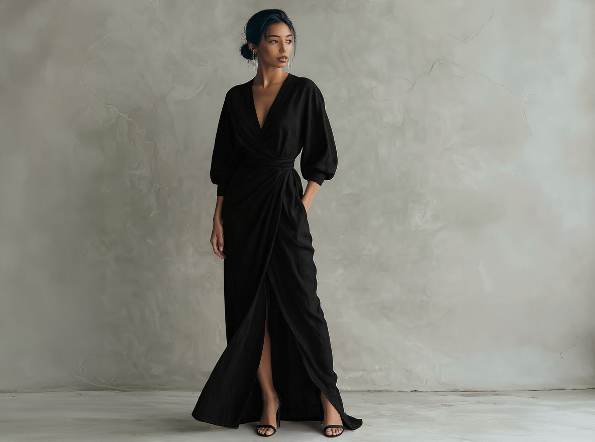 Robes longues minimalistes roses avec décolleté en V en mélange de lin pour femmes