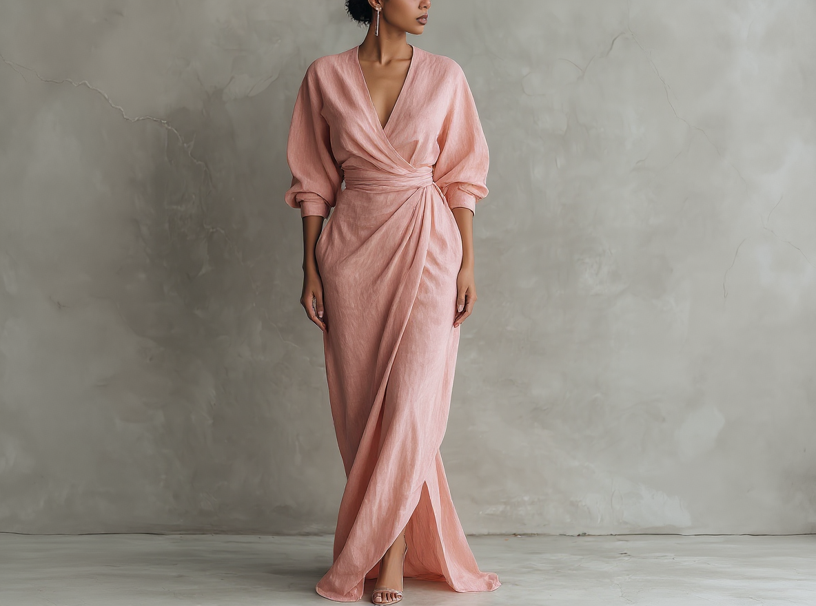Robes longues minimalistes roses avec décolleté en V en mélange de lin pour femmes