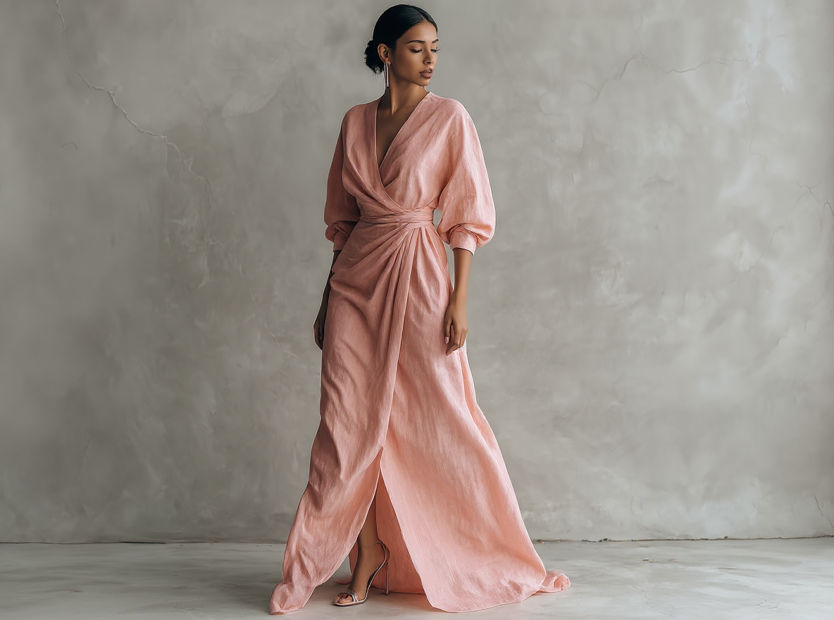 Robe longue minimaliste rose avec col en V en lin pour femmes