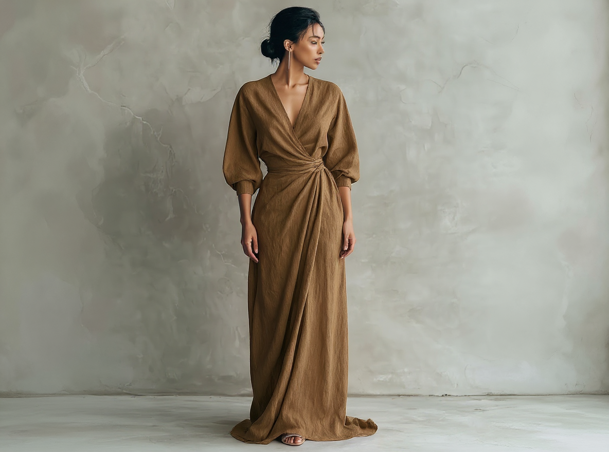 Robe longue minimaliste rose avec col en V en lin pour femmes