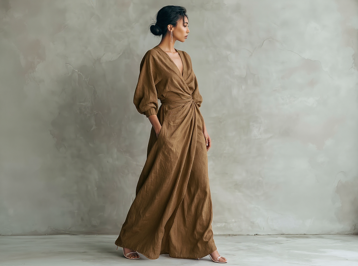 Robes longues minimalistes roses avec décolleté en V en mélange de lin pour femmes