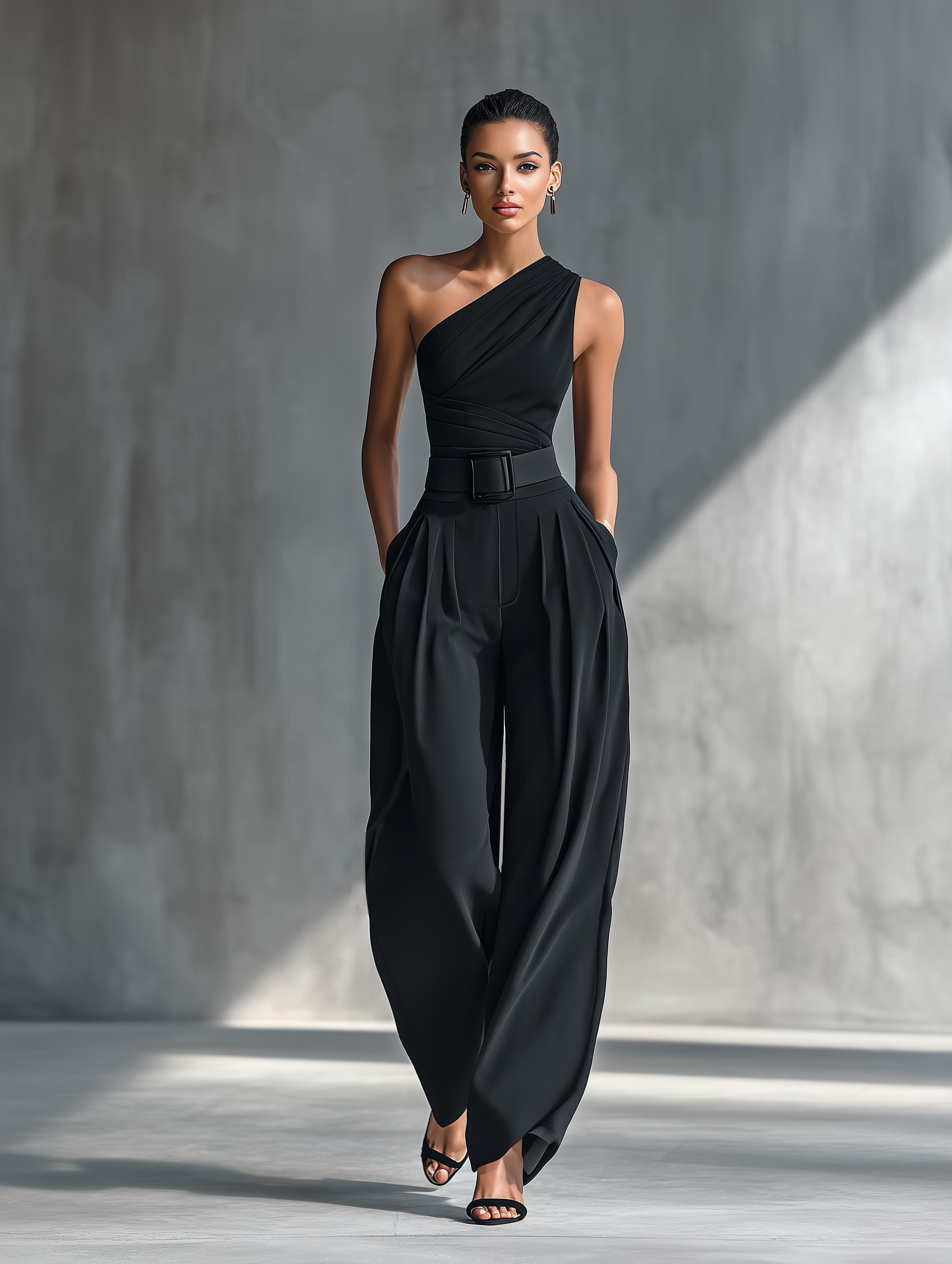 Débardeur noir en tricot pour femmes avec haute élasticité et pantalon en lin large MDZ1068B3T
