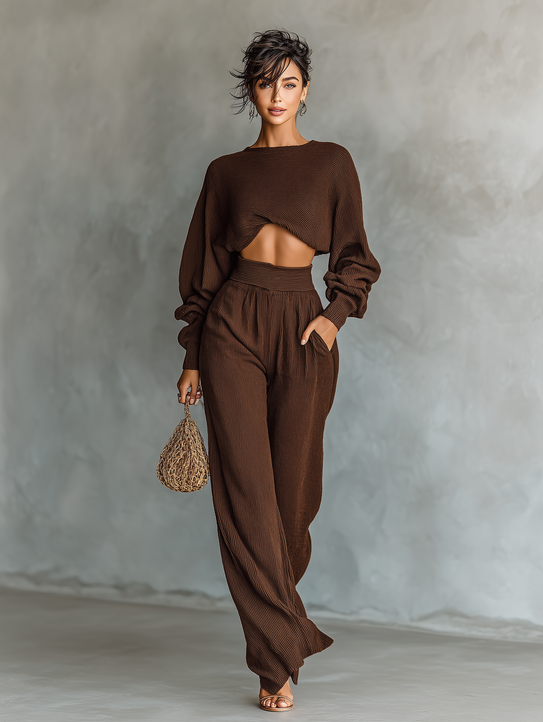 Ensemble tricoté pour femmes en couleur café : top court et pantalon large MDA3000G6T