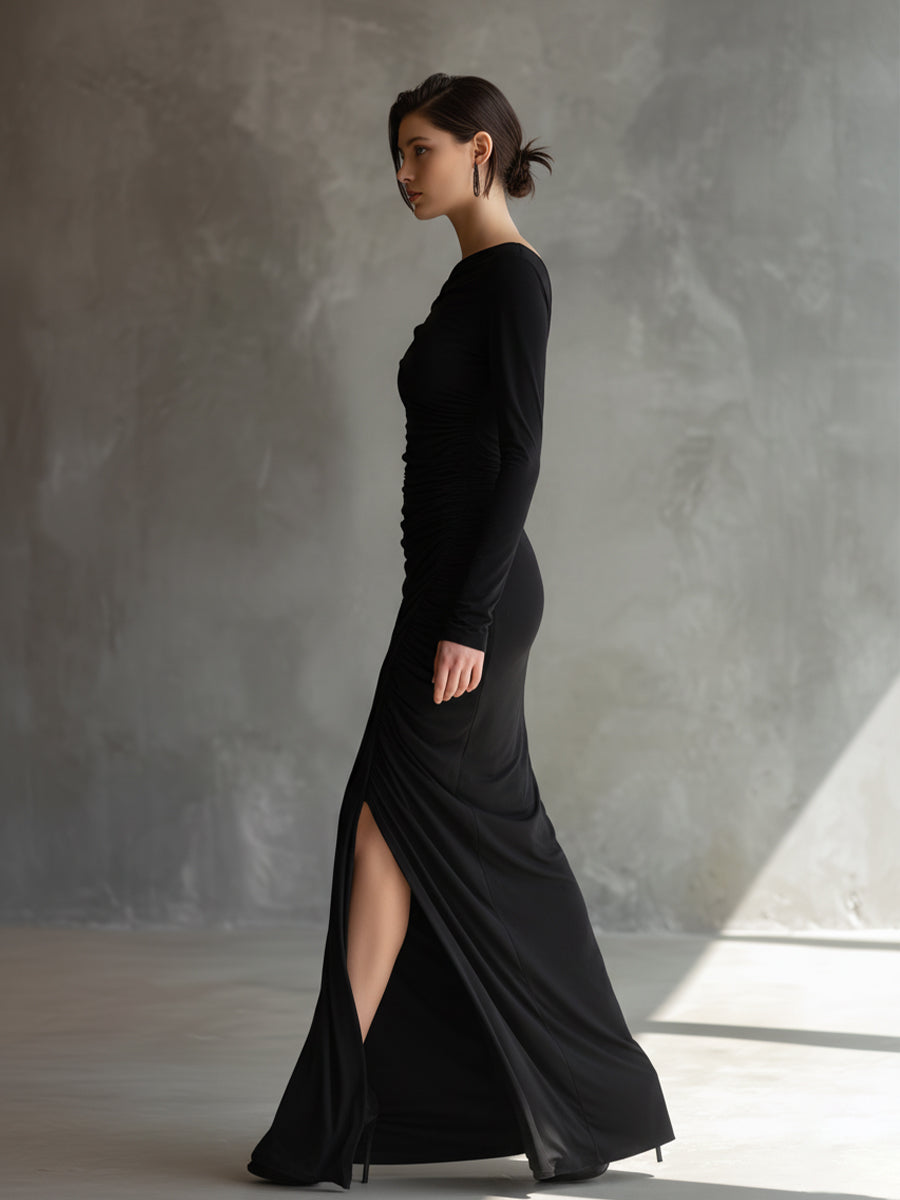 Robe maxi noire élégante pour femmes avec épaules dénudées et déchirures MDA2125H9I