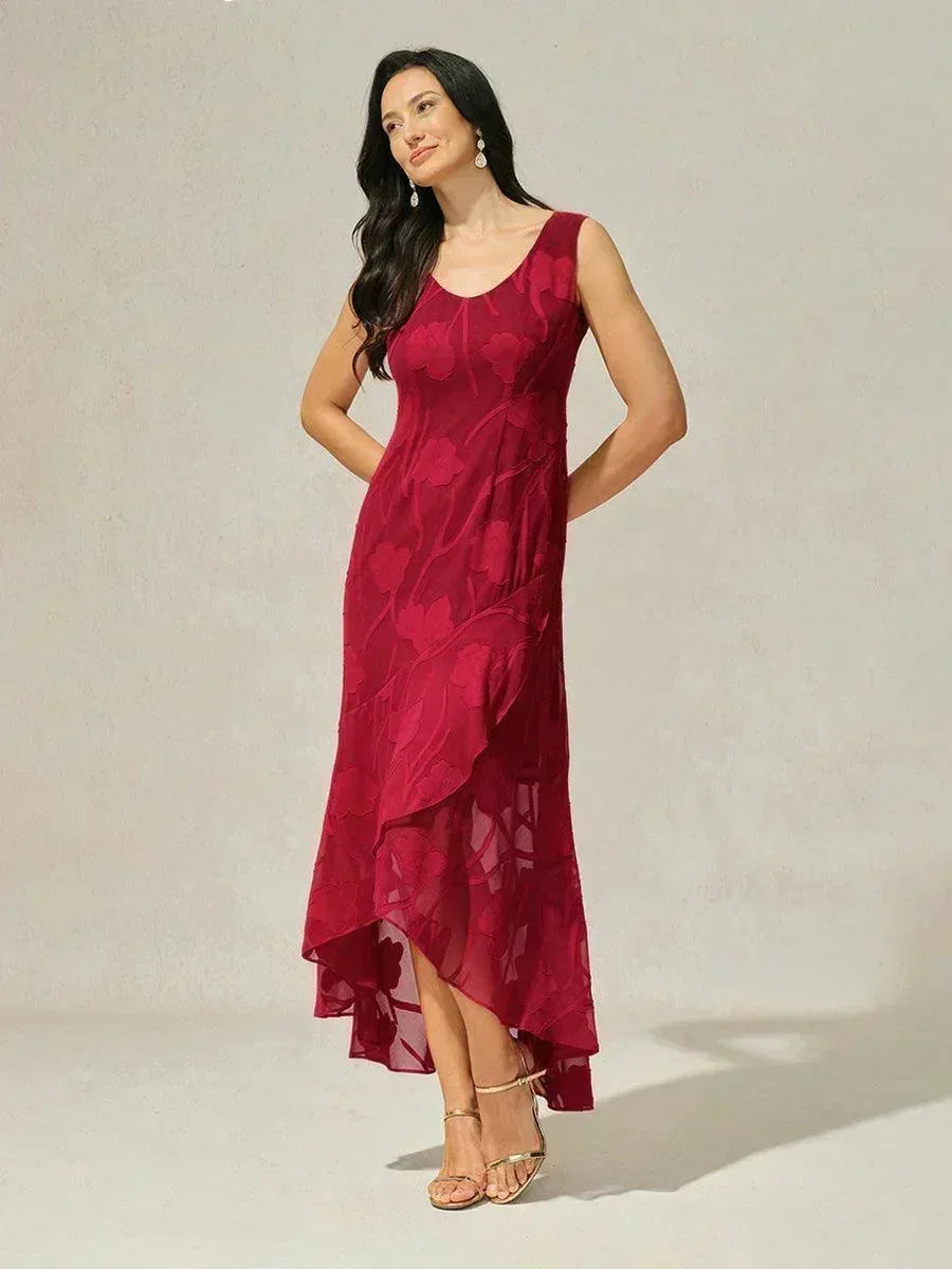 Robes de soirée sans manches en chiffon floral avec des ourlets asymétriques