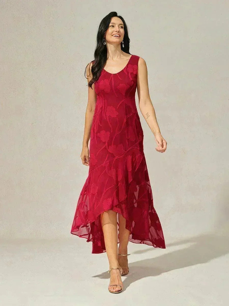 Robes de soirée sans manches en soie florale avec des ourlets asymétriques