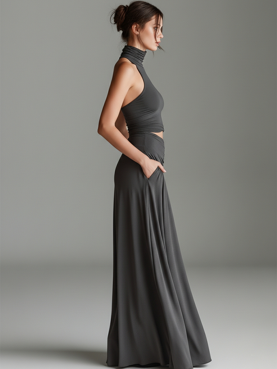 Robe femme gris foncé en tissu stretch avec col montant et taille cintrée, style minimaliste élégant intemporel MDZ0960B2I