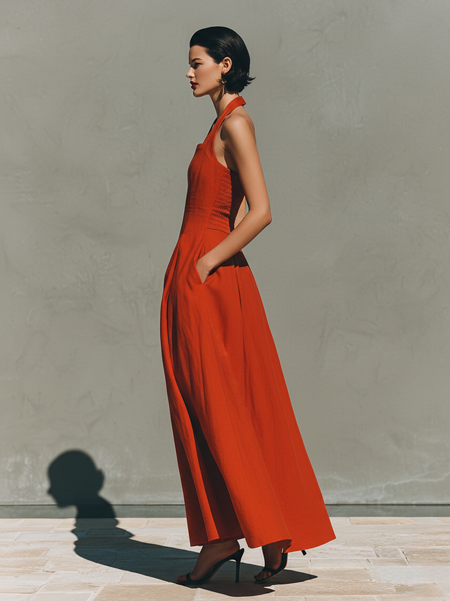 Robes maxi femmes rouges en lin avec col halter et jupe plissée, robe de vacances élégante et inspirante MDZ2016C7I